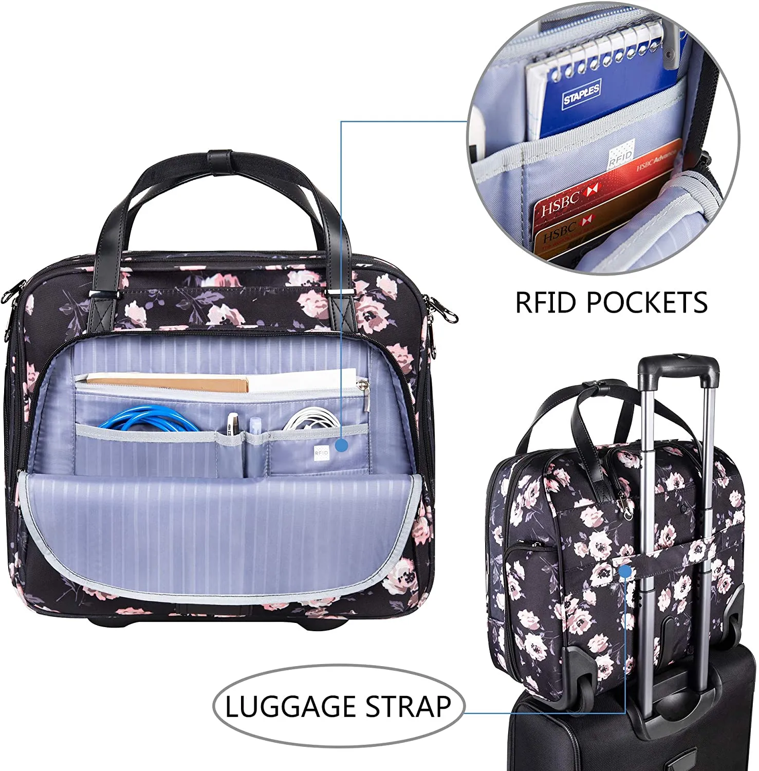 Rolling Laptop Bag, Briefcase, RFID Pockets, Water-Proof, Fits up to 15.6" Laptop, Pink & Lavender on Black