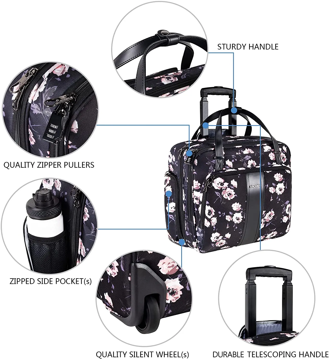 Rolling Laptop Bag, Briefcase, RFID Pockets, Water-Proof, Fits up to 15.6" Laptop, Pink & Lavender on Black