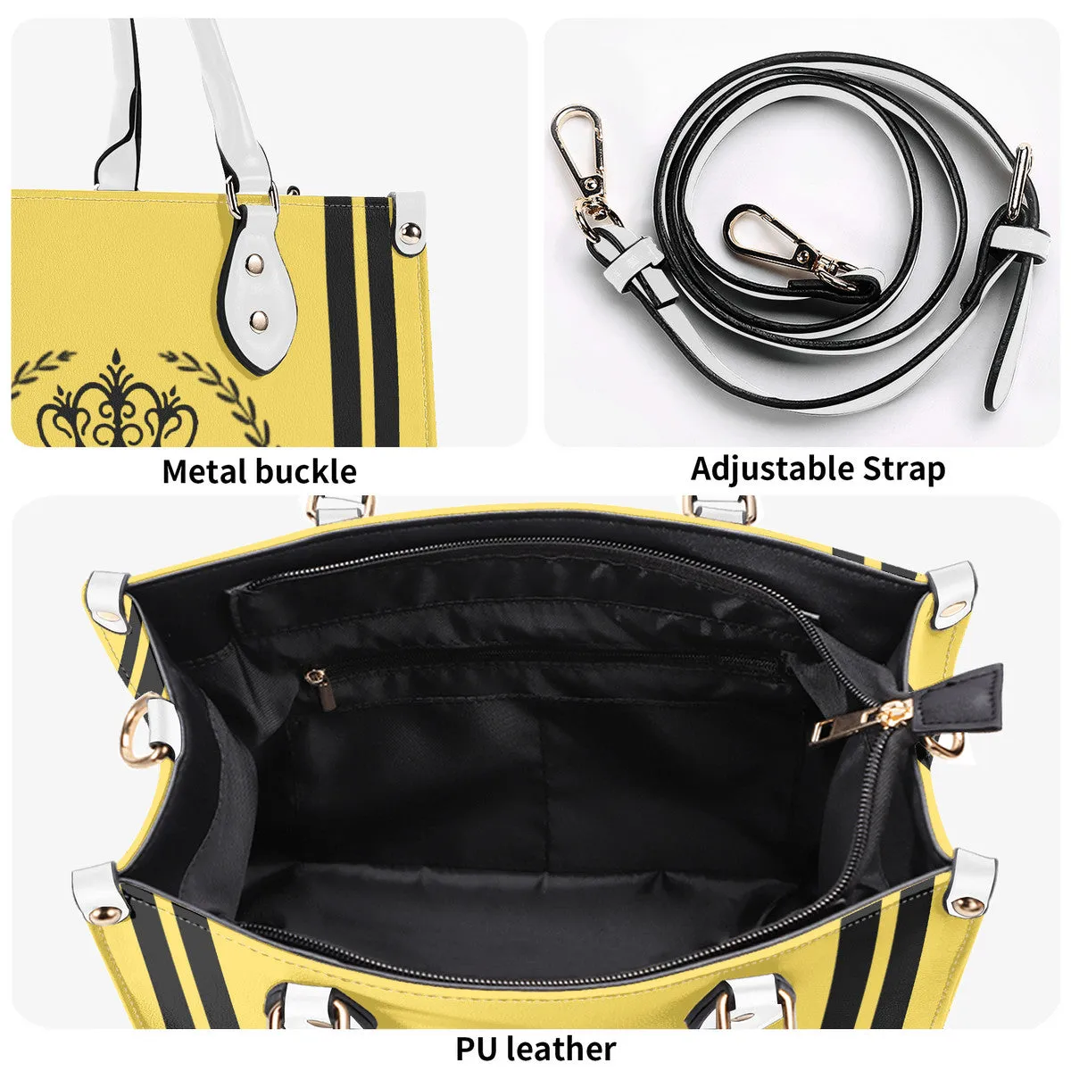 Royalty 24 Black Logo ,Stripe & Yellow Multiple Sizes Upgraded Luxury Women PU Leather Handbag