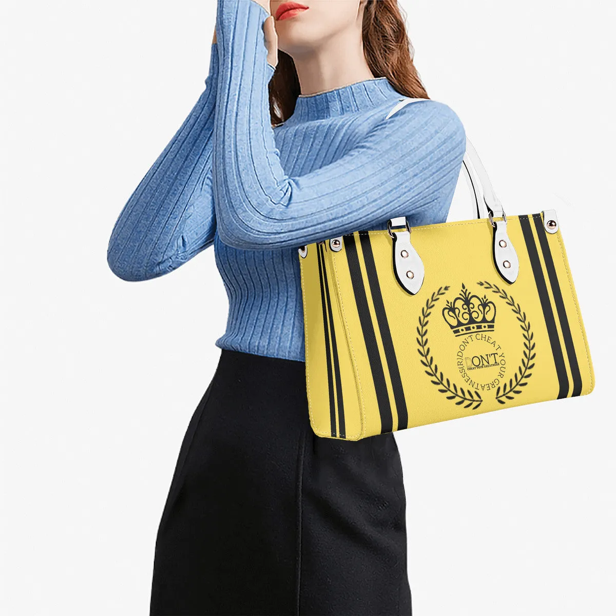 Royalty 24 Black Logo ,Stripe & Yellow Multiple Sizes Upgraded Luxury Women PU Leather Handbag