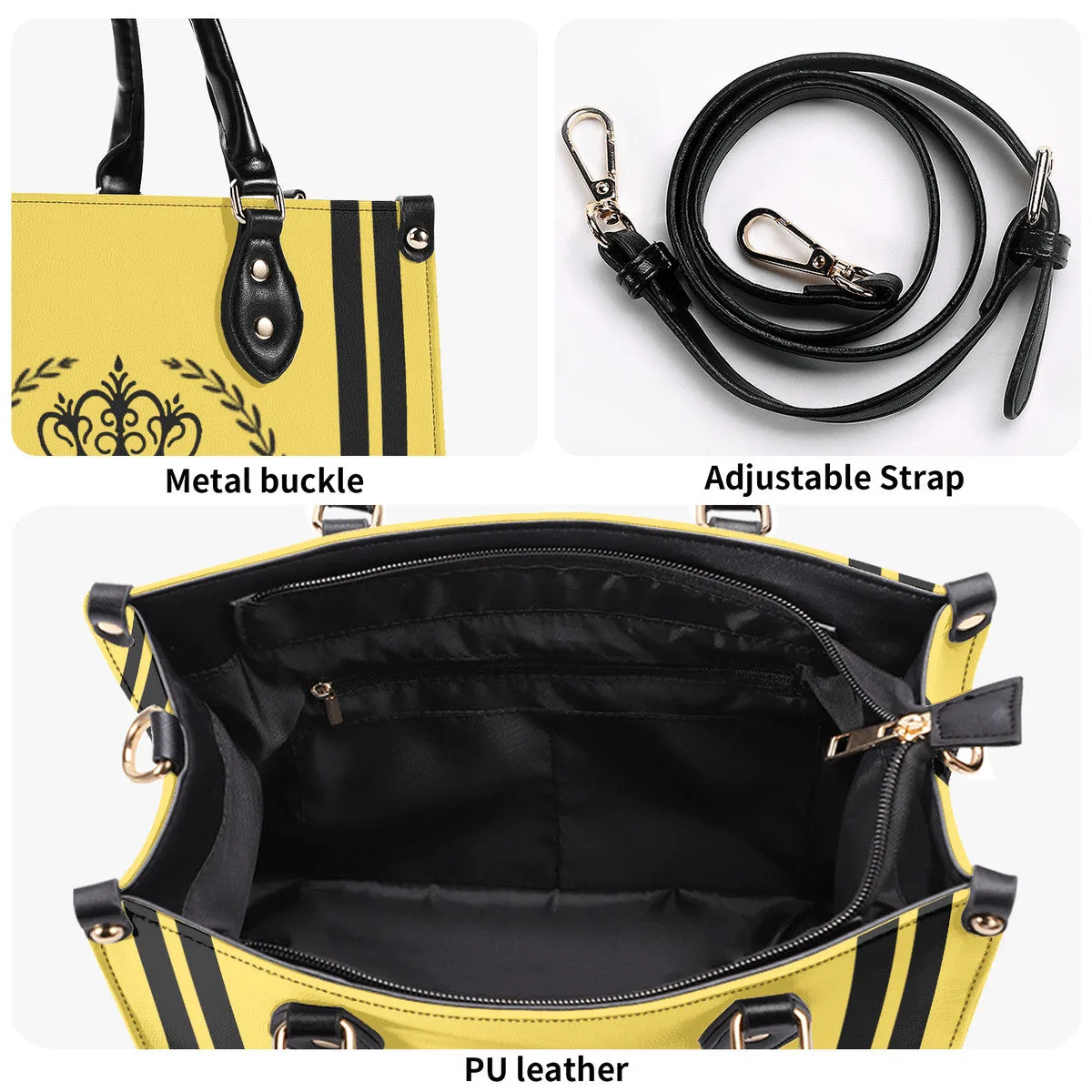 Royalty 24 Black Logo ,Stripe & Yellow Multiple Sizes Upgraded Luxury Women PU Leather Handbag