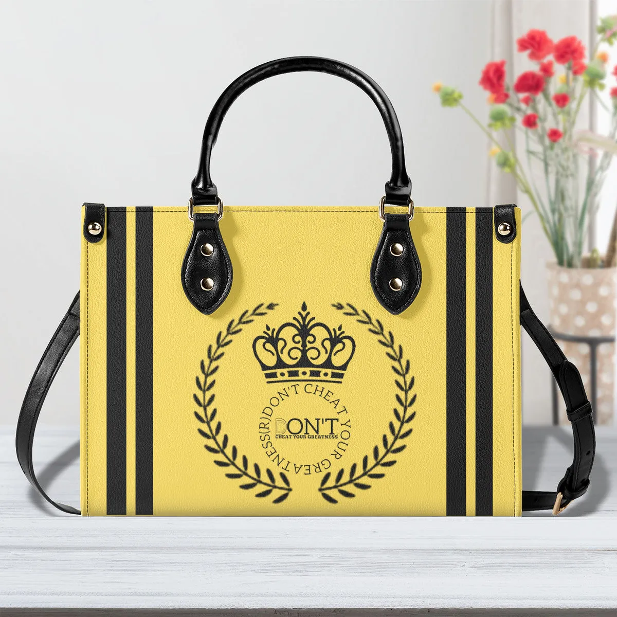 Royalty 24 Black Logo ,Stripe & Yellow Multiple Sizes Upgraded Luxury Women PU Leather Handbag