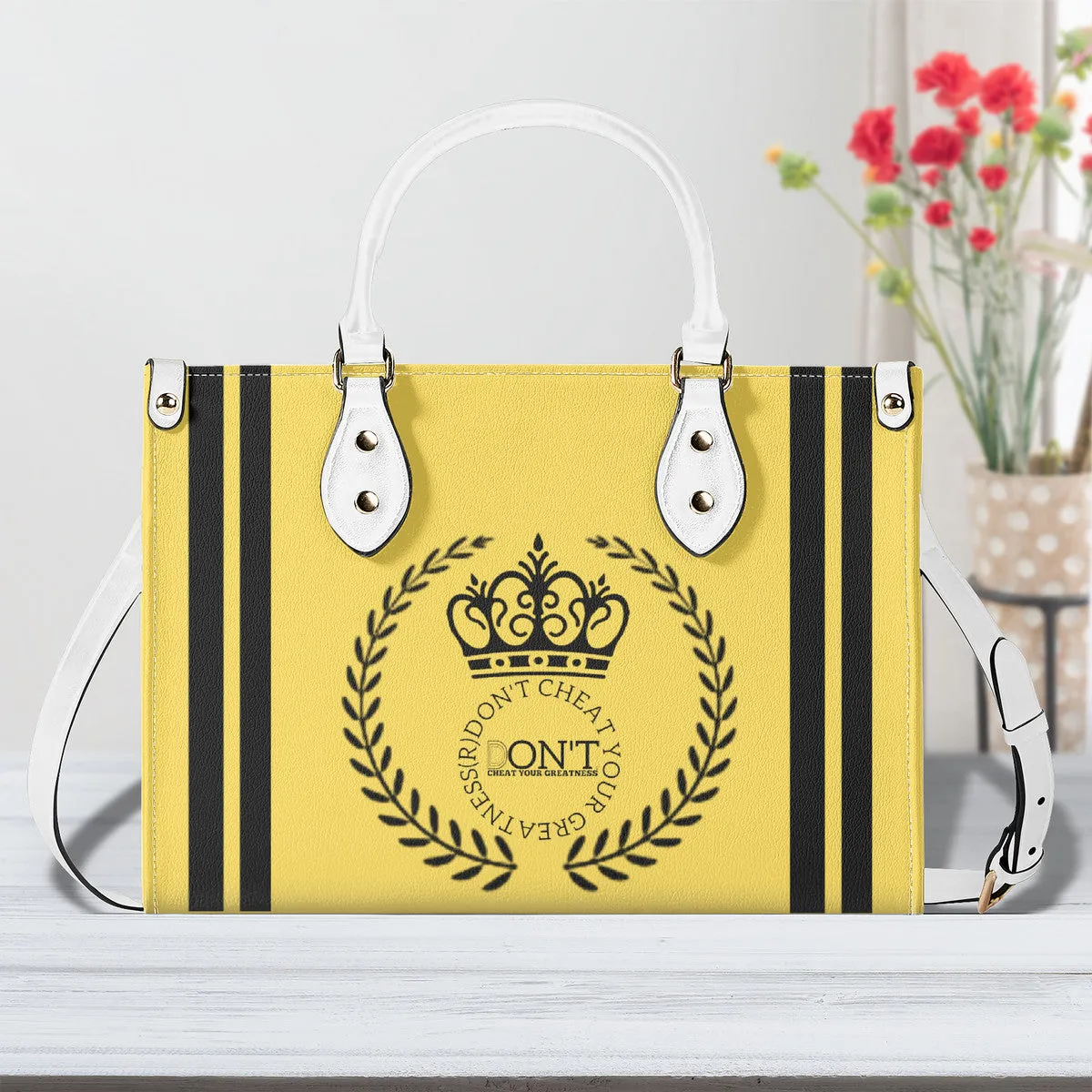 Royalty 24 Black Logo ,Stripe & Yellow Multiple Sizes Upgraded Luxury Women PU Leather Handbag