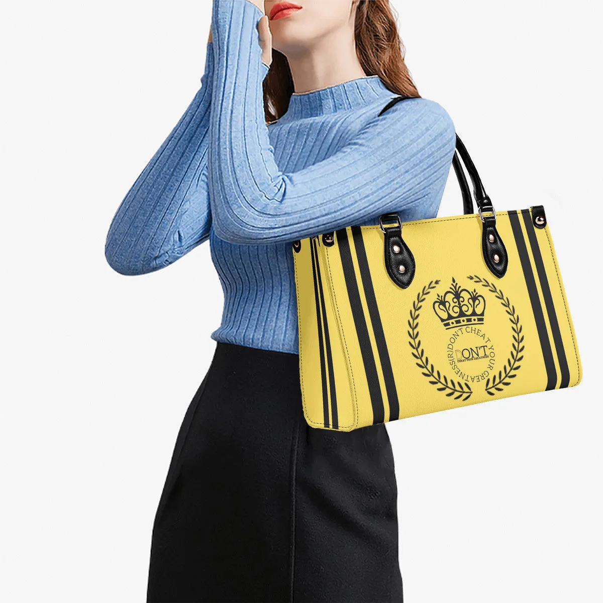 Royalty 24 Black Logo ,Stripe & Yellow Multiple Sizes Upgraded Luxury Women PU Leather Handbag