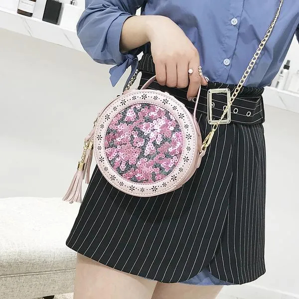 Sequins Bling Tassel Chain Leather Shoulder Bag