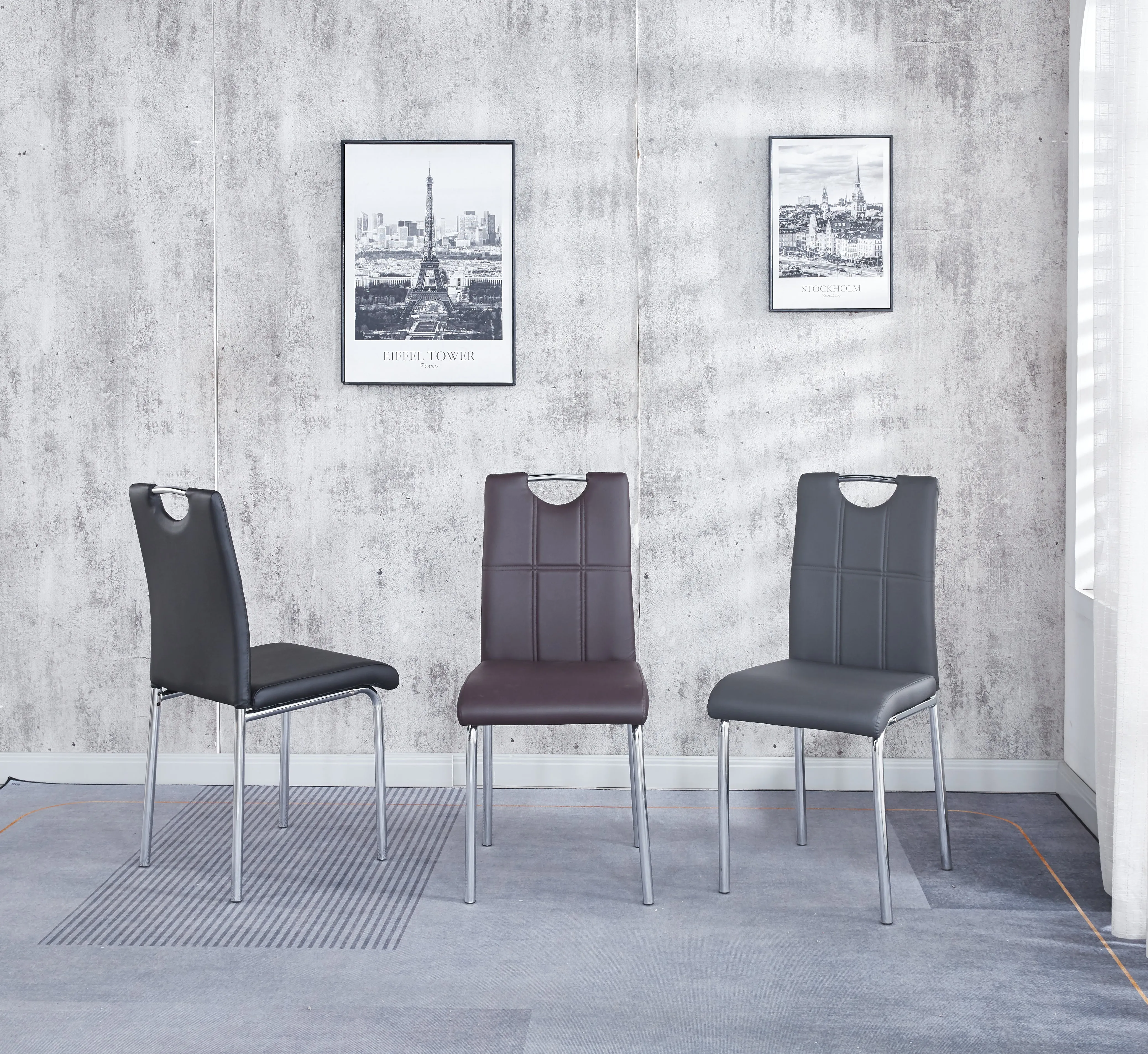 Set of 4 Milan Faux Leather Dining Chairs, Solid Chrome Frame in Black Brown Cream Grey