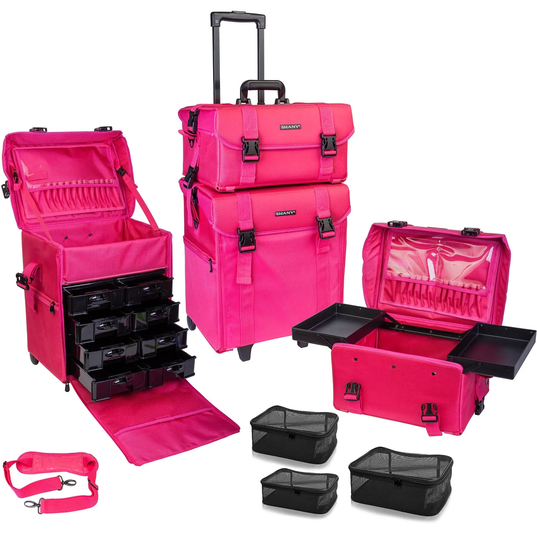 Soft Makeup Artist Rolling Trolley Cosmetic Case with Free Set of Mesh Bag