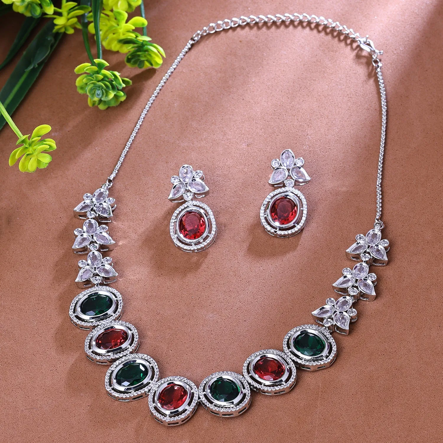 Sukkhi Alluring Multicolor CZ Stone Rhodium Plated Traditional Necklace Set for Women