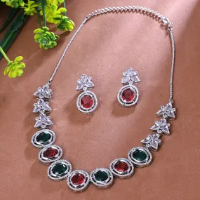 Sukkhi Alluring Multicolor CZ Stone Rhodium Plated Traditional Necklace Set for Women