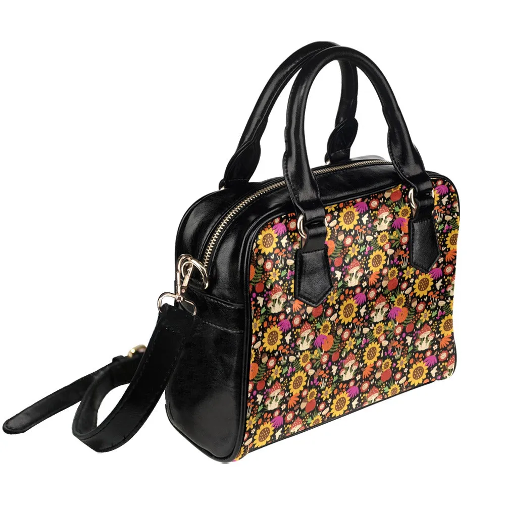 Sunflower Mushroom Purse, Flowers Floral Bird Pattern Cute Small Shoulder Zip Bag High Grade PU Leather Women Designer Handbag