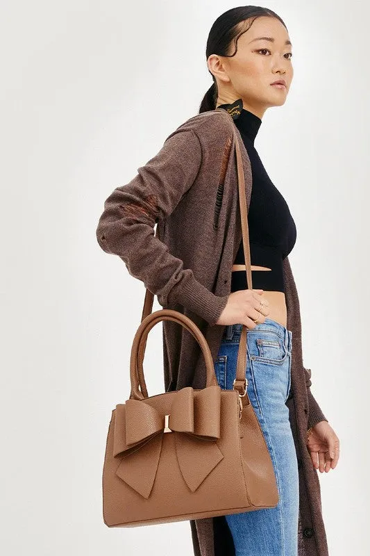 Taupe Vegan Bow Leather Tote/Crossbody Bag