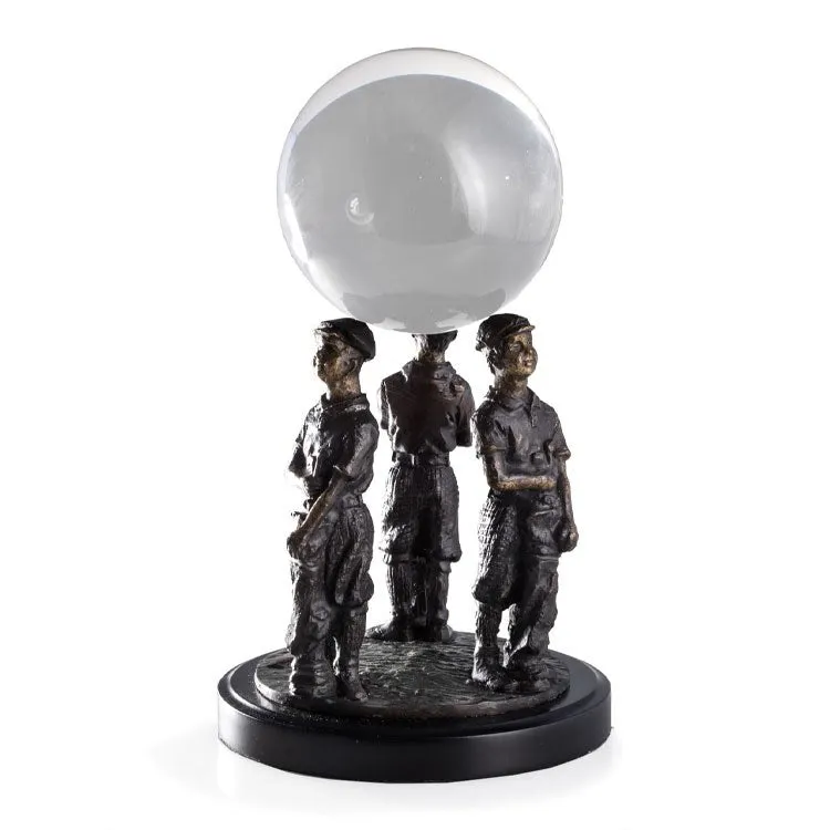 Three Bronzed Golf Caddy Crystal Ball Holder on Black Wood Base