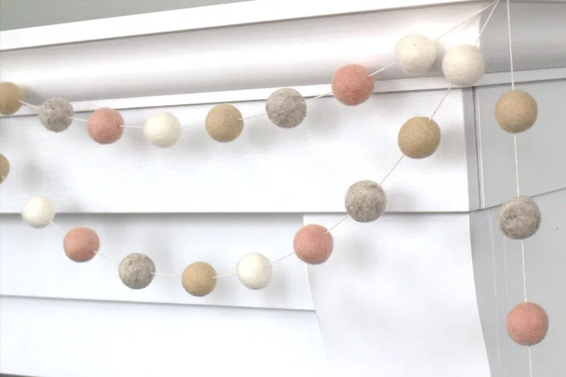 Valentine's Day Felt Ball Garland- Pale Pink, Gray, Almond, White