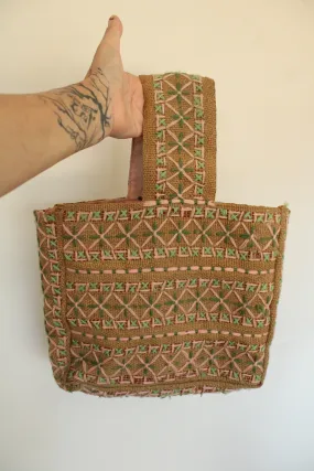 Vintage 1960s 1970s Embroidered Burlap Bag