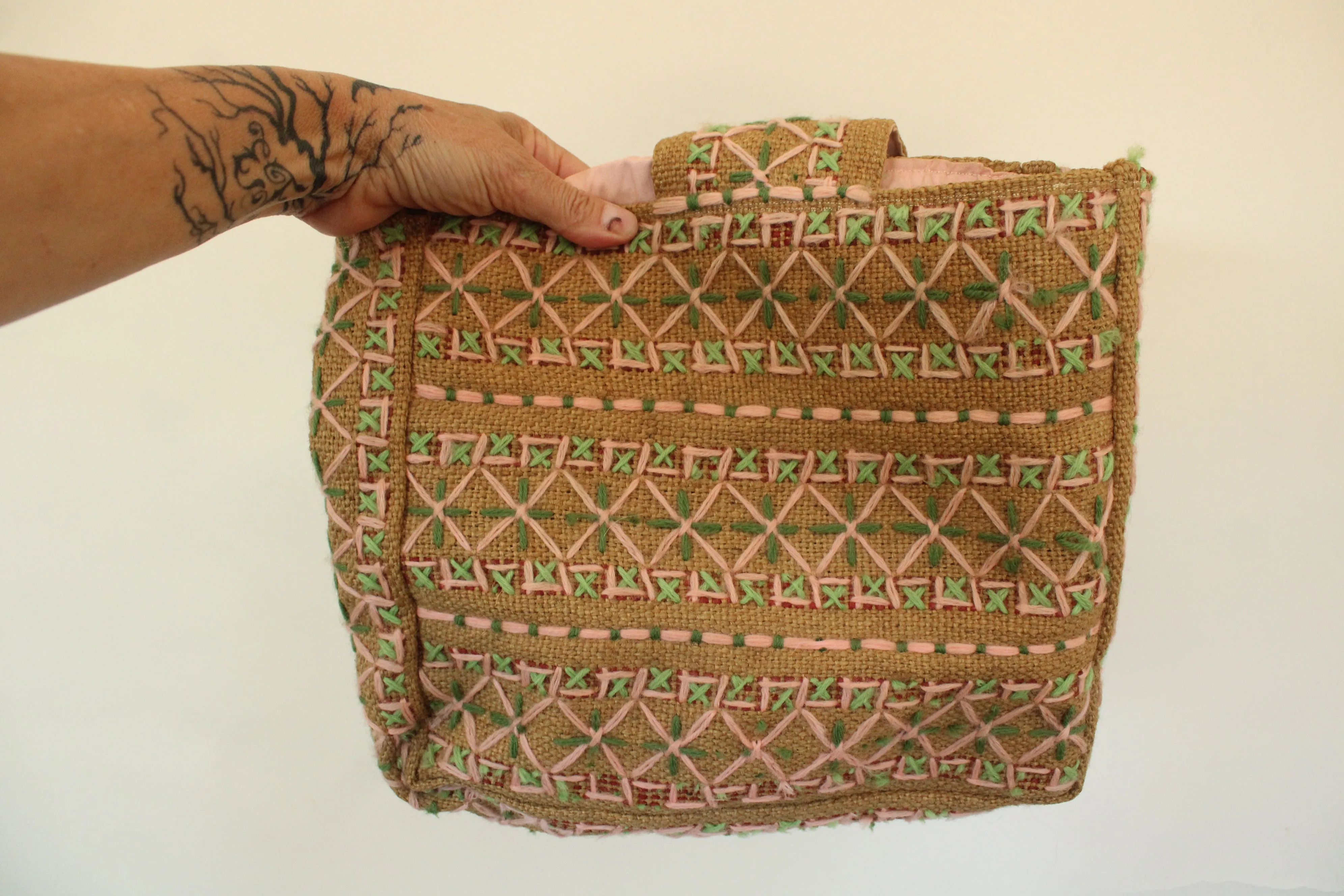 Vintage 1960s 1970s Embroidered Burlap Bag