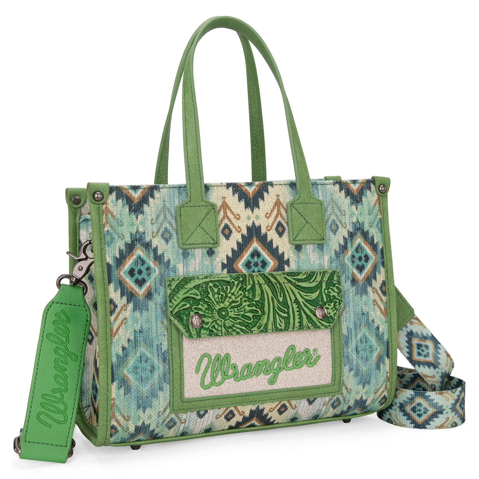 WG130-8120S   Wrangler Southwestern Pattern Dual Sided Print Concealed Carry Tote//Crossbody - Green