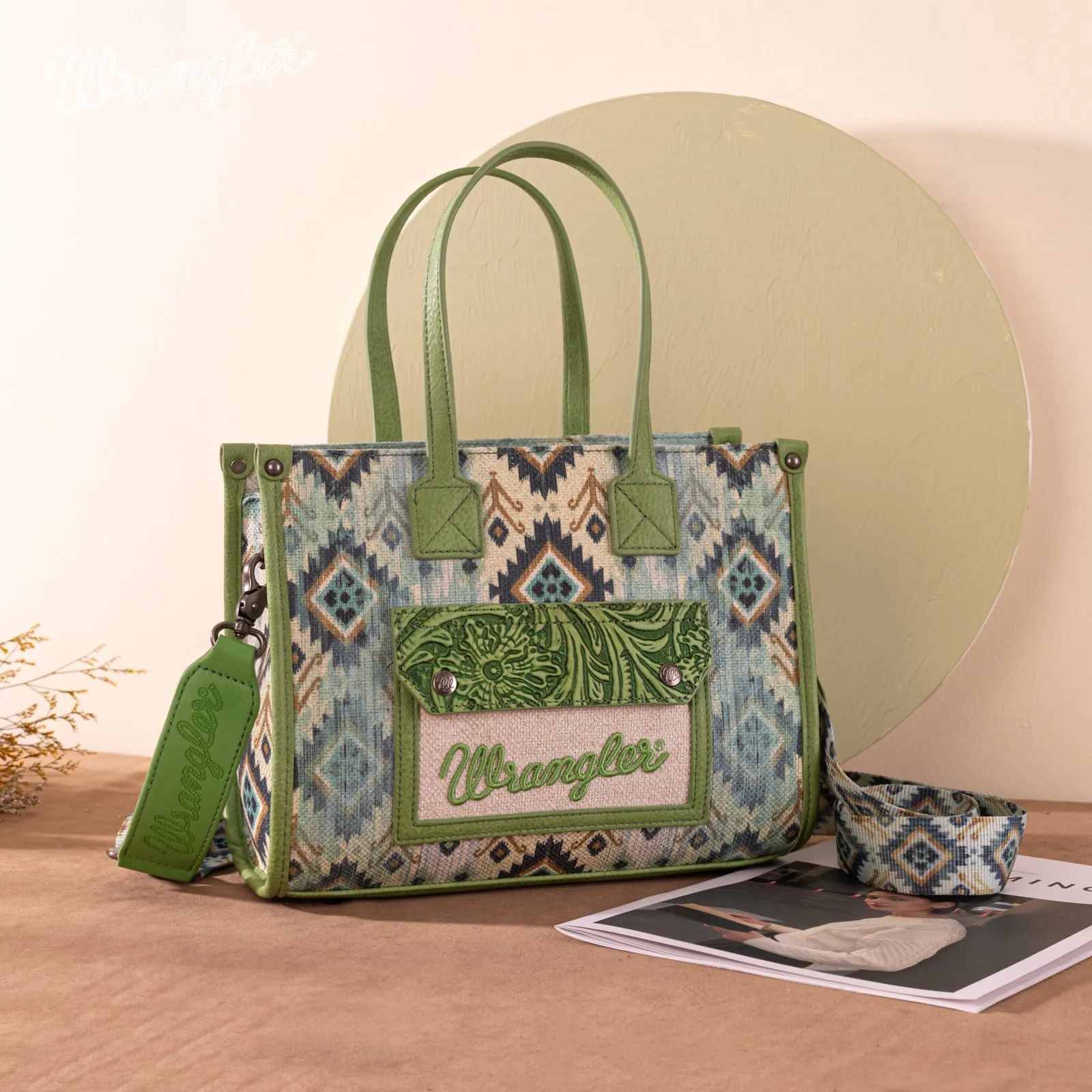 WG130-8120S   Wrangler Southwestern Pattern Dual Sided Print Concealed Carry Tote//Crossbody - Green