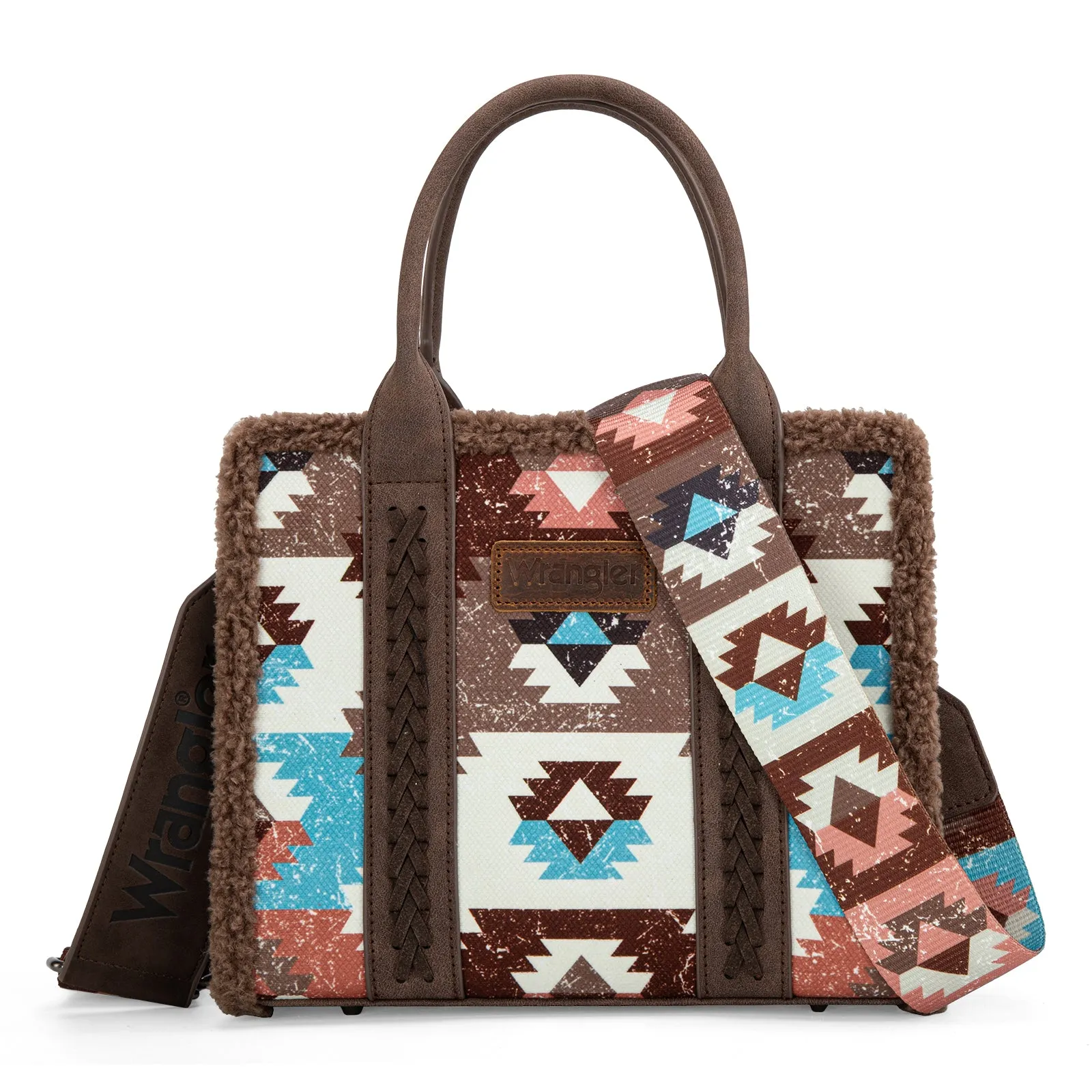 WG166-8120S  Wrangler Sherpa Southwestern Print Small Canvas Tote/Crossbody Coffee