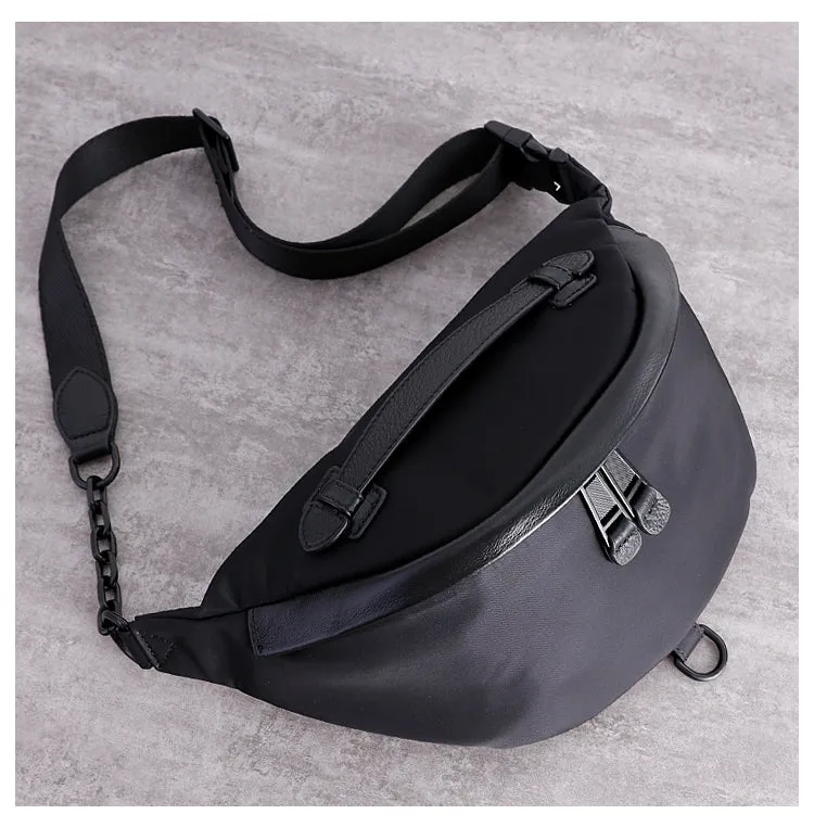 Womens Black Nylon Leather Fanny Pack Nylon Chest Bag Black Womens Hip Bag Waist Bag For Women