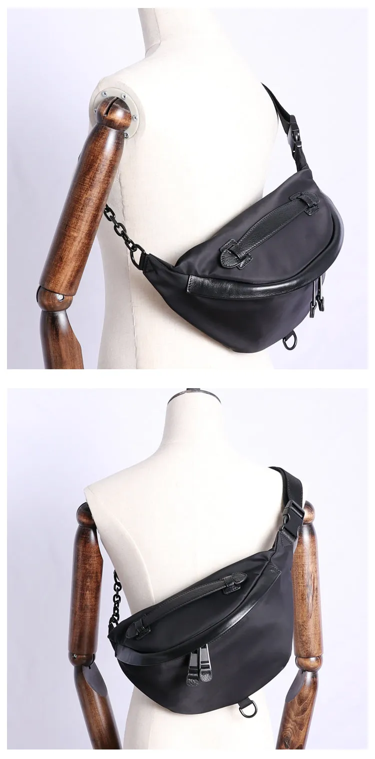 Womens Black Nylon Leather Fanny Pack Nylon Chest Bag Black Womens Hip Bag Waist Bag For Women