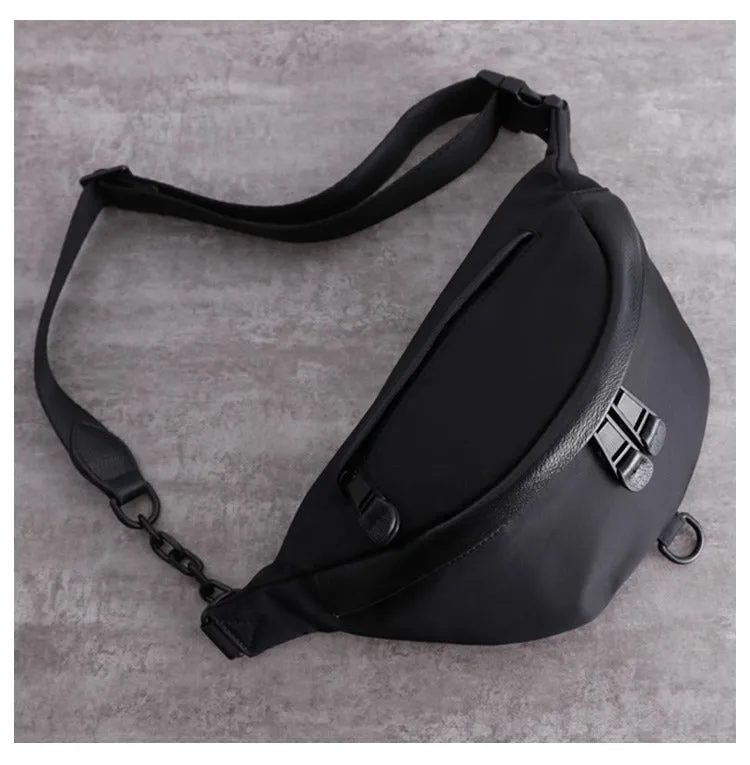 Womens Black Nylon Leather Fanny Pack Nylon Chest Bag Black Womens Hip Bag Waist Bag For Women