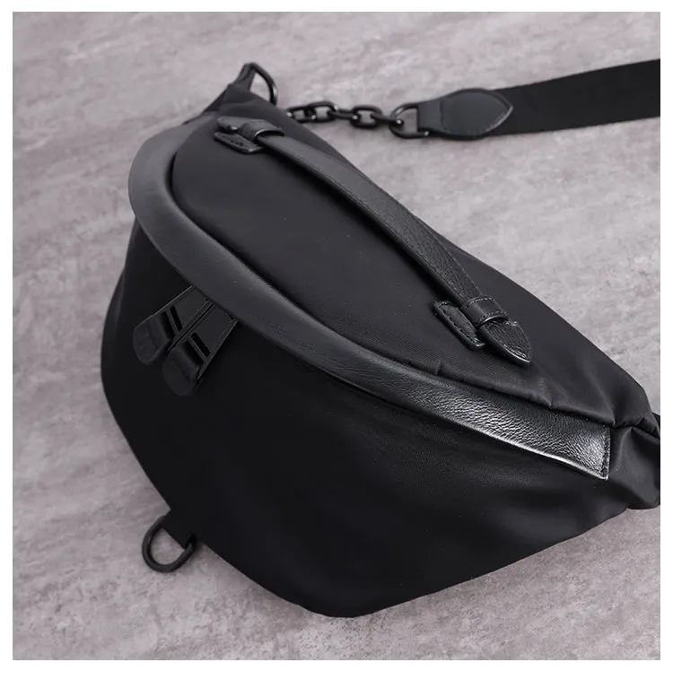 Womens Black Nylon Leather Fanny Pack Nylon Chest Bag Black Womens Hip Bag Waist Bag For Women