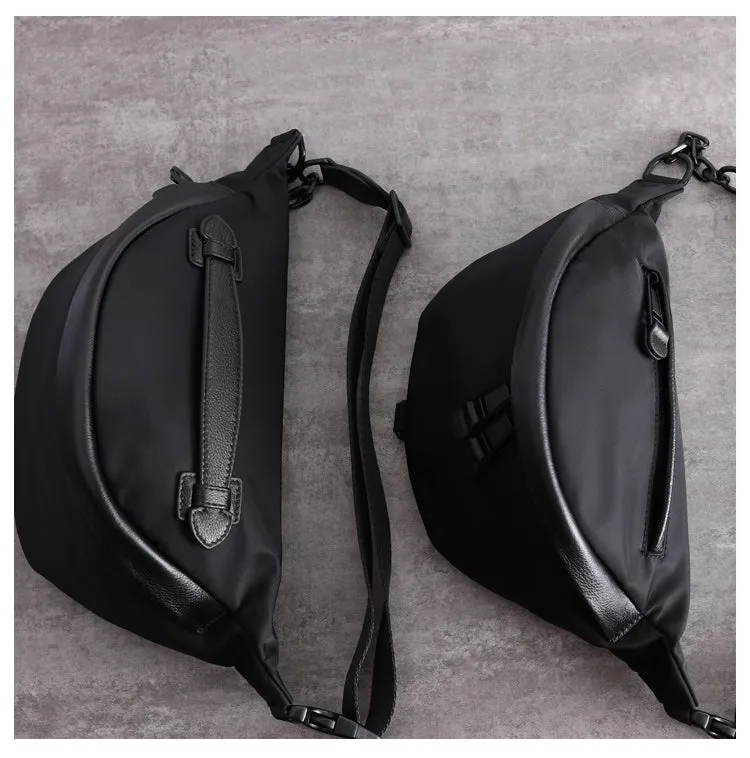 Womens Black Nylon Leather Fanny Pack Nylon Chest Bag Black Womens Hip Bag Waist Bag For Women