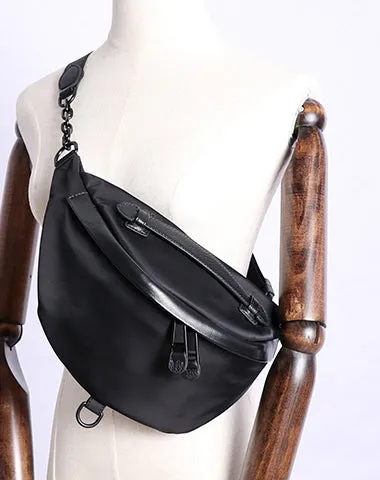 Womens Black Nylon Leather Fanny Pack Nylon Chest Bag Black Womens Hip Bag Waist Bag For Women