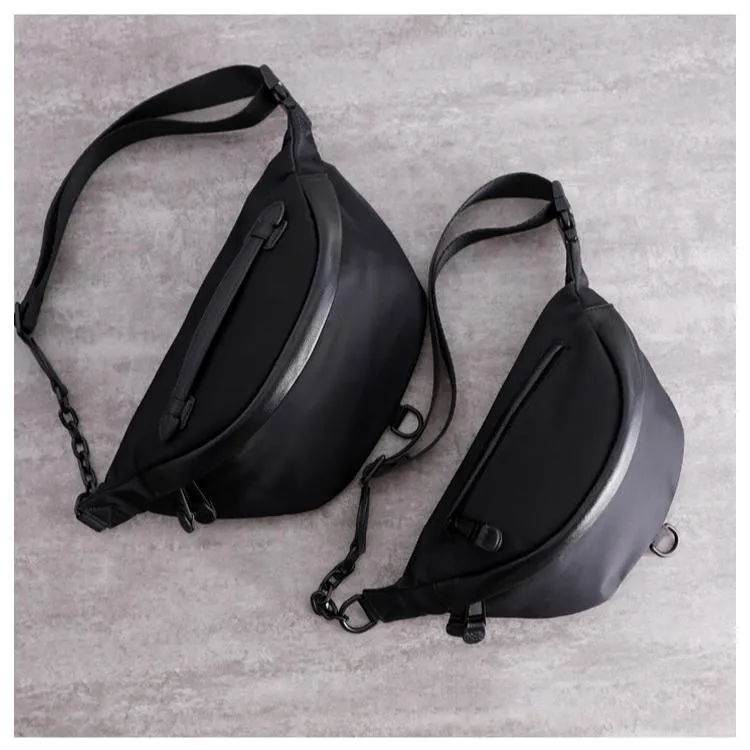 Womens Black Nylon Leather Fanny Pack Nylon Chest Bag Black Womens Hip Bag Waist Bag For Women