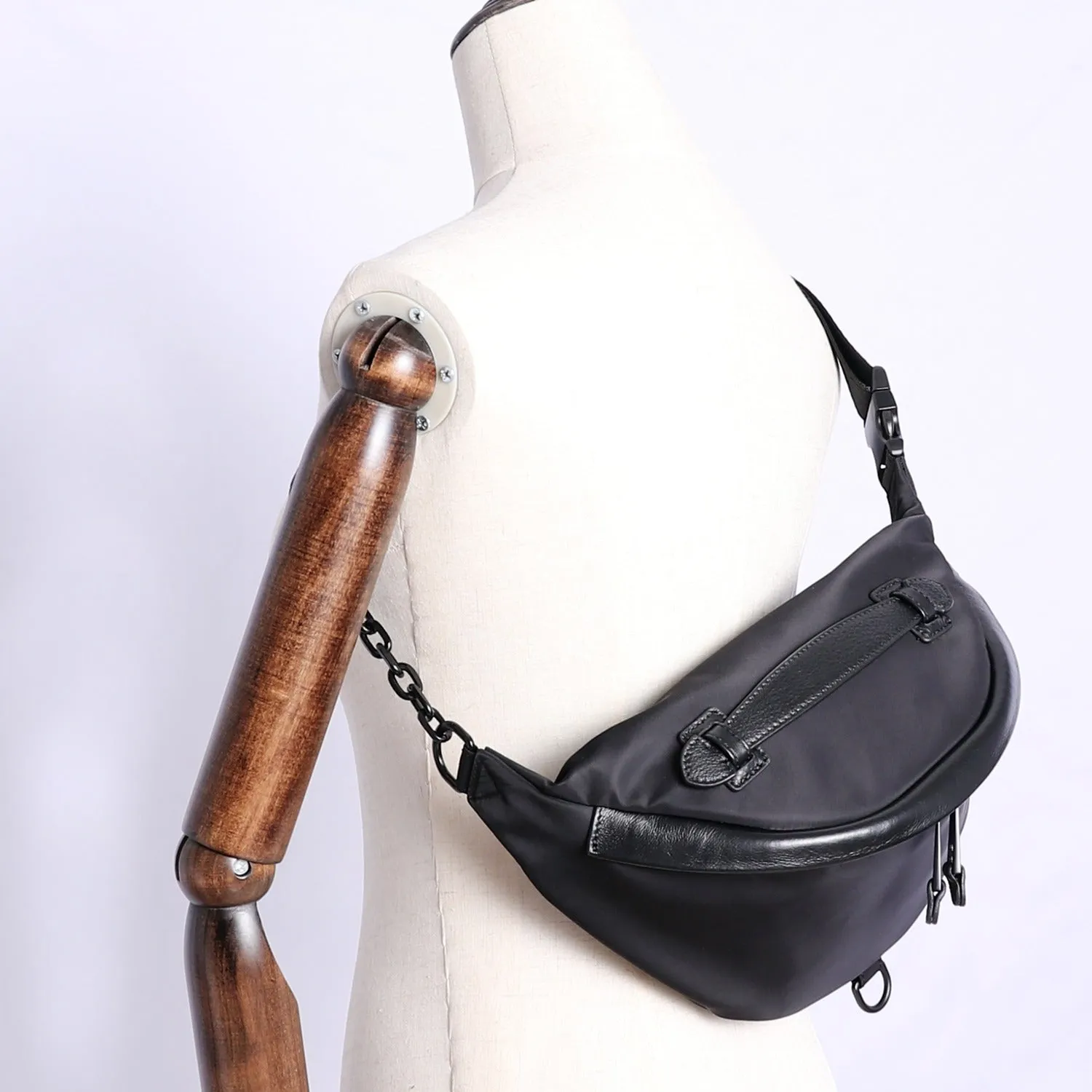 Womens Black Nylon Leather Fanny Pack Nylon Chest Bag Black Womens Hip Bag Waist Bag For Women