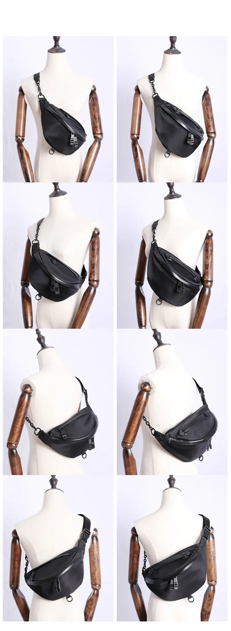 Womens Black Nylon Leather Fanny Pack Nylon Chest Bag Black Womens Hip Bag Waist Bag For Women