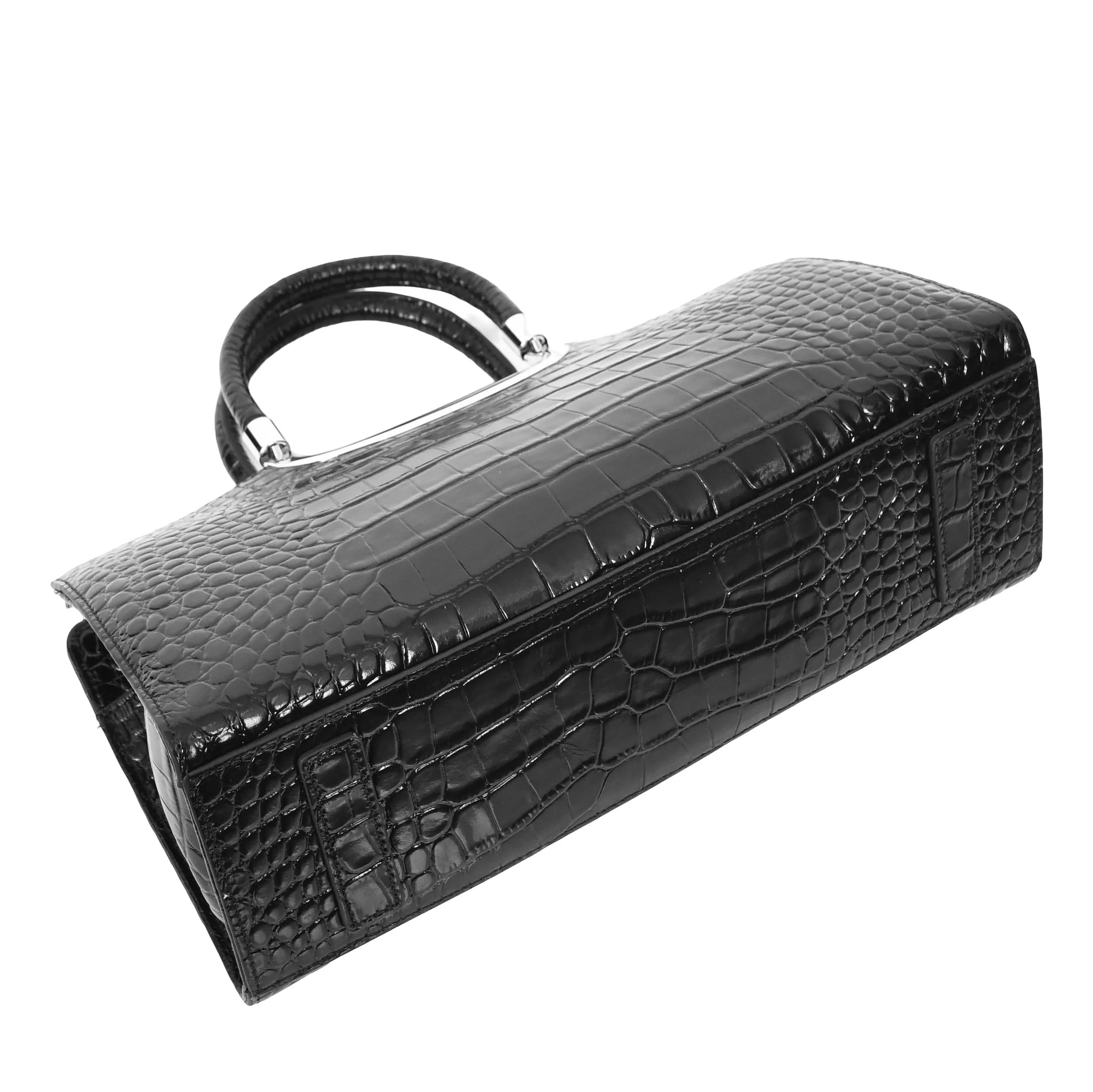 Womens Leather Croc Print Handbag Madeline Black