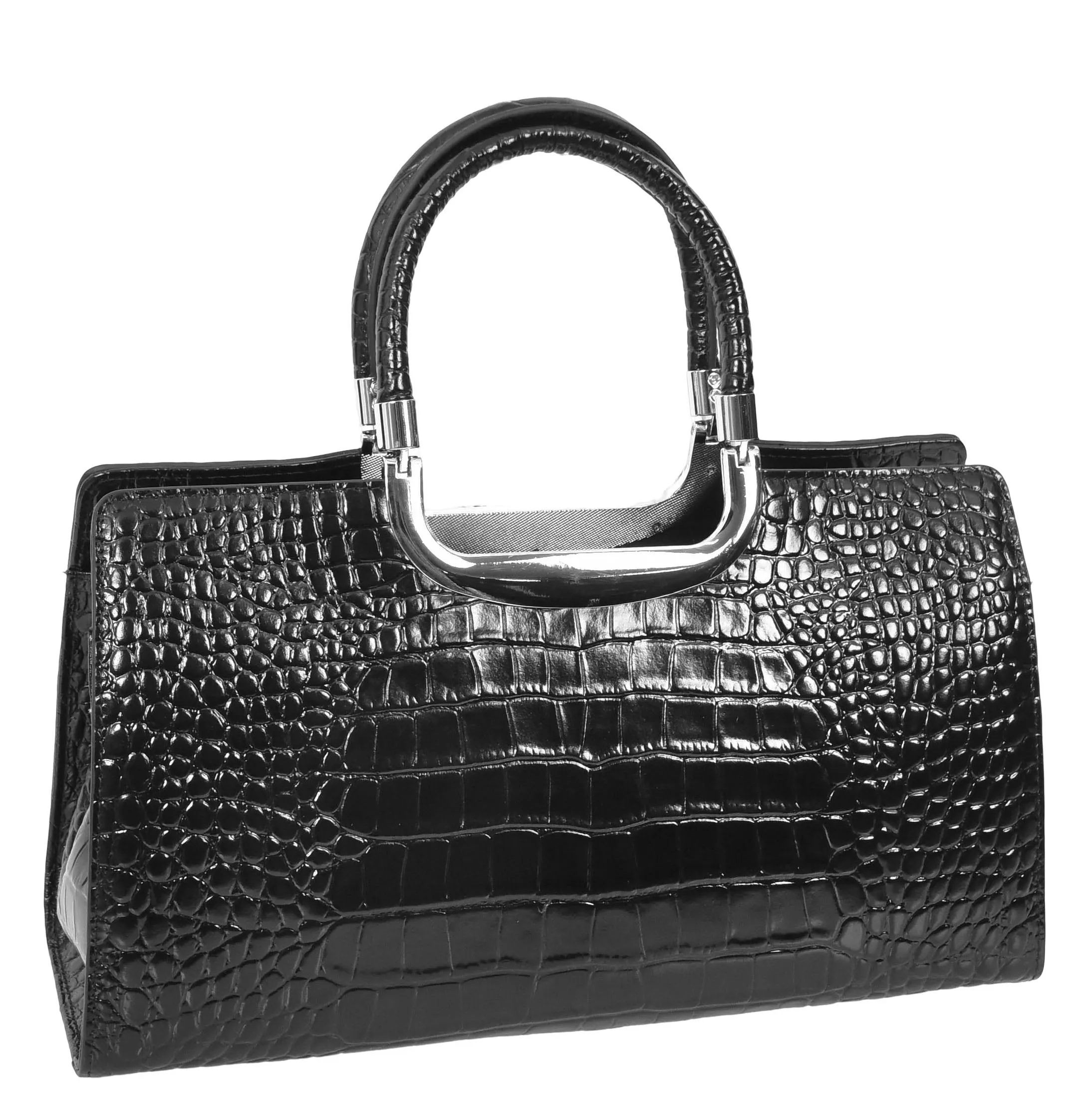 Womens Leather Croc Print Handbag Madeline Black