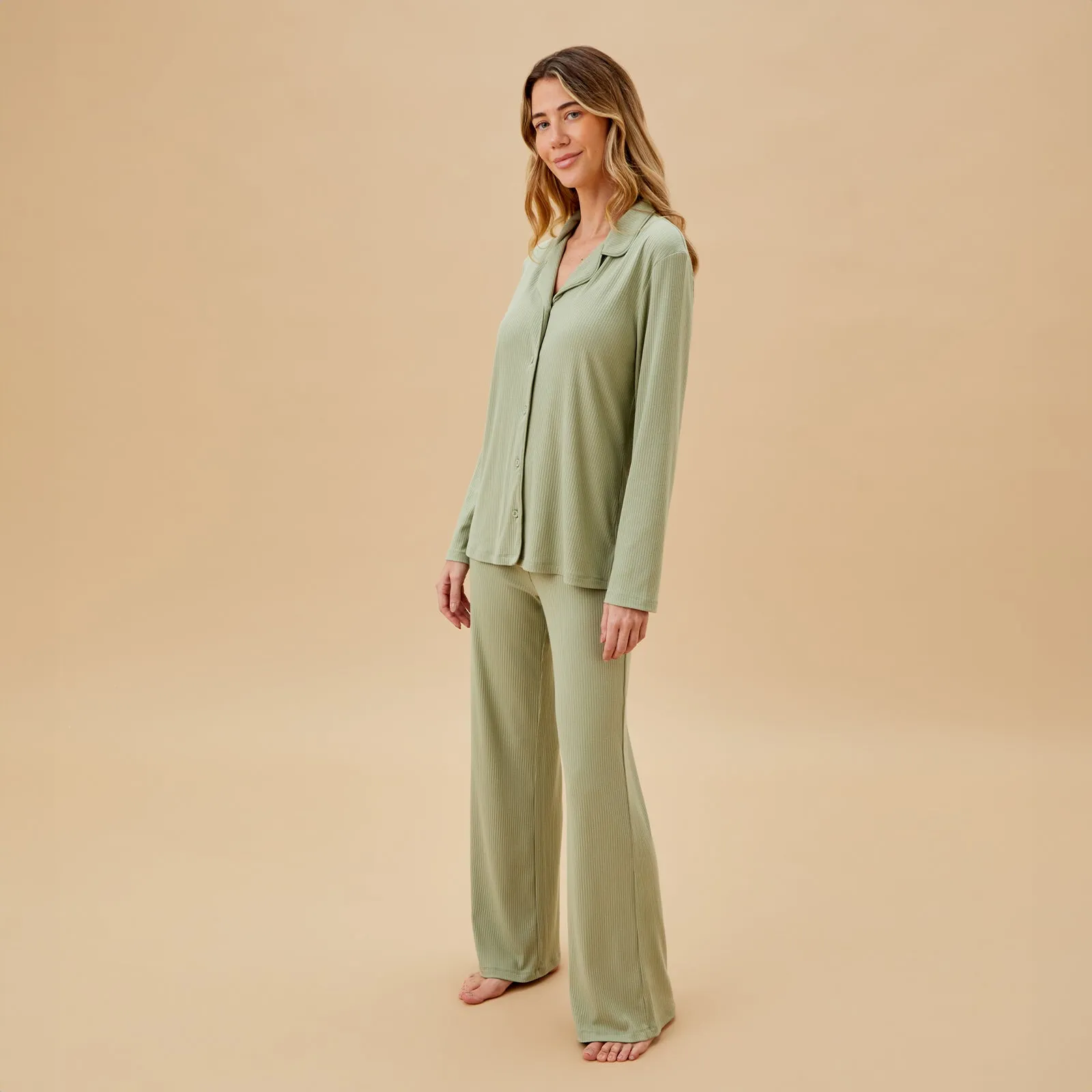 Women's Ribbed Collared Pajama Set